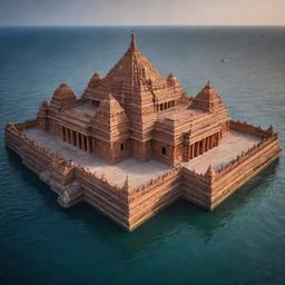 A stunning image of the Ram Mandir (Hindu temple), composed of intricate and beautiful architecture, set in the heart of a vast, peaceful ocean.