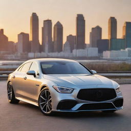 A dynamically styled luxury car glinting under the soft glow of the evening sun, parked against a vibrant city backdrop.