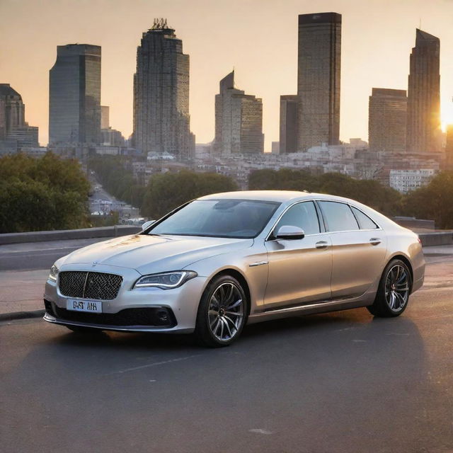 A dynamically styled luxury car glinting under the soft glow of the evening sun, parked against a vibrant city backdrop.