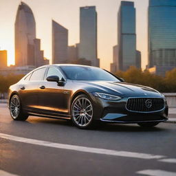 A dynamically styled luxury car glinting under the soft glow of the evening sun, parked against a vibrant city backdrop.