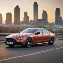 A dynamically styled luxury car glinting under the soft glow of the evening sun, parked against a vibrant city backdrop.