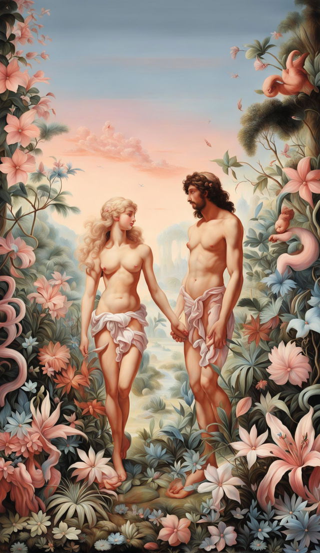 A Rococo-style painting of Adam and Eve in the Garden of Eden, surrounded by pastel-colored flowers.