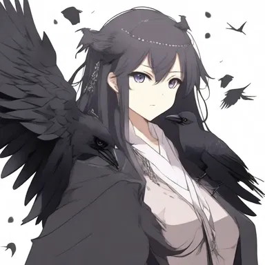 The anime character had a corvine companion, a crow with glossy black feathers.