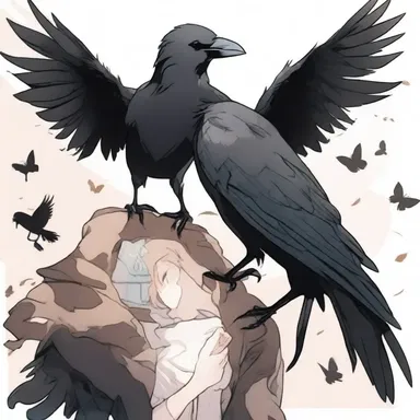 The anime character had a corvine companion, a crow with glossy black feathers.