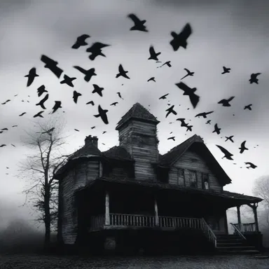 The film used corvine imagery, showing a flock of crows flying ominously over a haunted house.