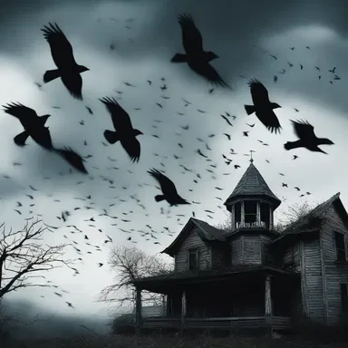 The film used corvine imagery, showing a flock of crows flying ominously over a haunted house.