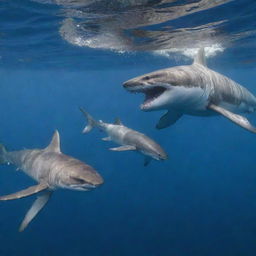 A power struggle between a formidable viper and a majestic white shark. The viper coiled, poised in attack, locked in an aquatic standoff with the shark, a predator known for its ferocious nature.