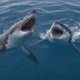 A power struggle between a formidable viper and a majestic white shark. The viper coiled, poised in attack, locked in an aquatic standoff with the shark, a predator known for its ferocious nature.