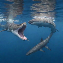 A power struggle between a formidable viper and a majestic white shark. The viper coiled, poised in attack, locked in an aquatic standoff with the shark, a predator known for its ferocious nature.