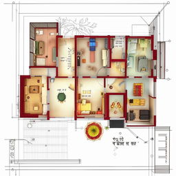 Architectural sketch of a house floor plan including a kitchen, three bedrooms, Puja room, bathroom, living space, and stairs.