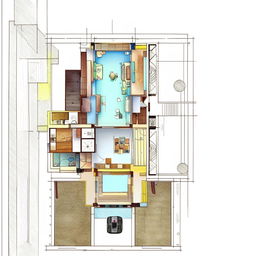 Architectural sketch of a house floor plan including a kitchen, three bedrooms, Puja room, bathroom, living space, and stairs.