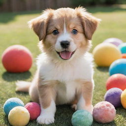 A playful, fluffy puppy with wide, sparkling eyes, and a wagging tail, surrounded by toys in a sunny backyard