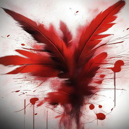 A high-quality digital art image depicting a scene dominated by red feathers and splashes of blood, creating a striking and unsettling image