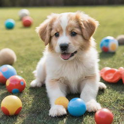 A playful, fluffy puppy with wide, sparkling eyes, and a wagging tail, surrounded by toys in a sunny backyard