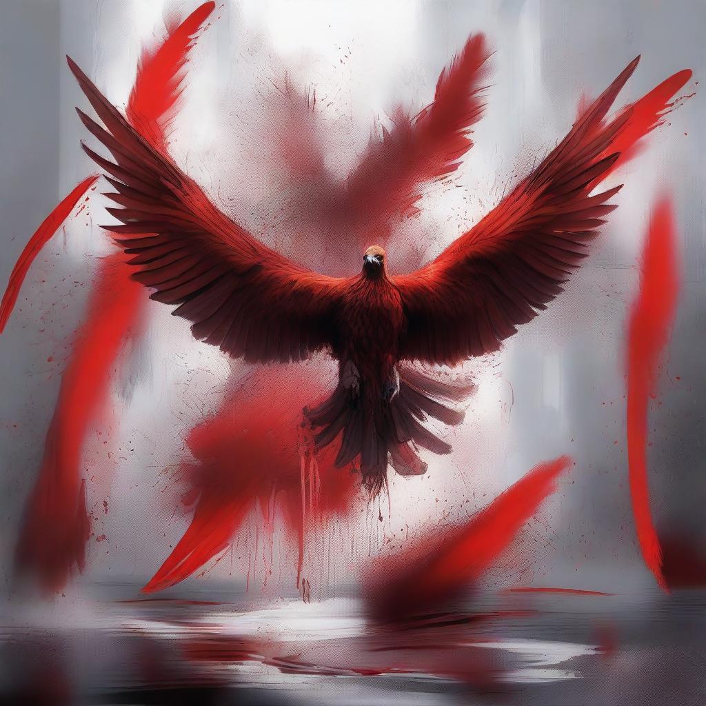 A high-quality digital art image depicting a scene dominated by red feathers and splashes of blood, creating a striking and unsettling image