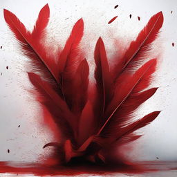 A high-quality digital art image depicting a scene dominated by red feathers and splashes of blood, creating a striking and unsettling image