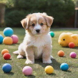 A playful, fluffy puppy with wide, sparkling eyes, and a wagging tail, surrounded by toys in a sunny backyard