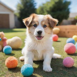 A playful, fluffy puppy with wide, sparkling eyes, and a wagging tail, surrounded by toys in a sunny backyard