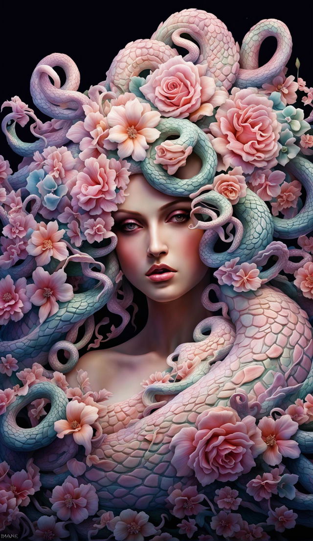 Pastel Rococo-style Medusa with intricate floral background.