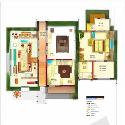 Detailed map of a house floor plan featuring a kitchen, three bedrooms, Puja room, bathroom, living space, and stairs.