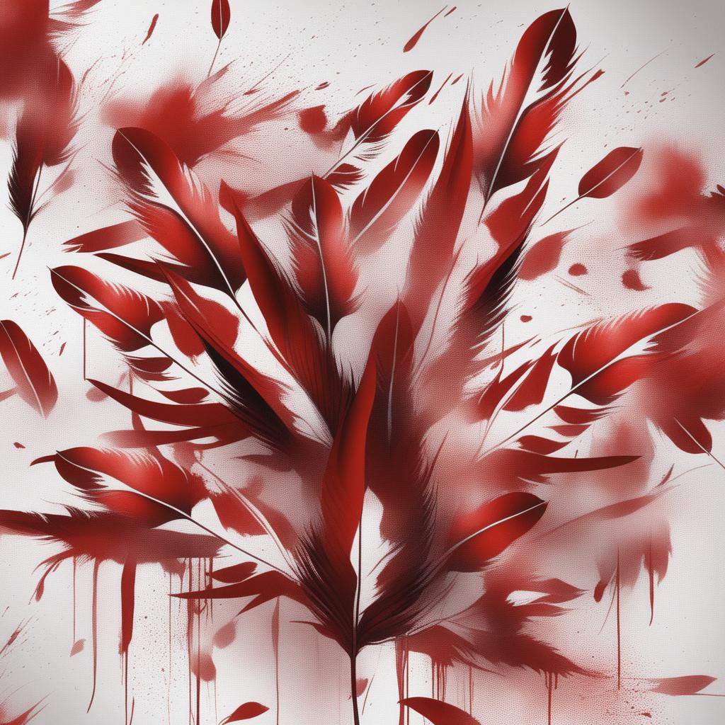 A high-quality digital art image depicting an intense scene filled with a profusion of red feathers and dramatic splashes of blood, creating a visually striking image