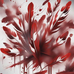 A high-quality digital art image depicting an intense scene filled with a profusion of red feathers and dramatic splashes of blood, creating a visually striking image