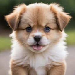 A cute, fluffy puppy with adorable, furrowed brows indicating anger, yet its playful nature adds a touch of cuteness to the scene