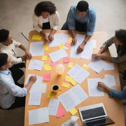 A vibrant scene of a diverse group of people energetically brainstorming around a large table filled with papers, sticky notes, laptops, and coffee cups. Bright ideas symbolized with lightbulbs pop up above their heads.