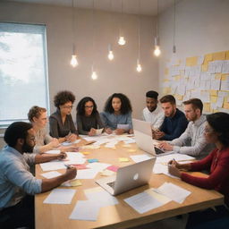 A vibrant scene of a diverse group of people energetically brainstorming around a large table filled with papers, sticky notes, laptops, and coffee cups. Bright ideas symbolized with lightbulbs pop up above their heads.