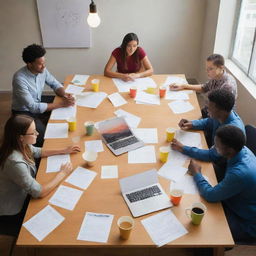 A vibrant scene of a diverse group of people energetically brainstorming around a large table filled with papers, sticky notes, laptops, and coffee cups. Bright ideas symbolized with lightbulbs pop up above their heads.