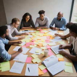 A vibrant scene of a diverse group of people energetically brainstorming around a large table filled with papers, sticky notes, laptops, and coffee cups. Bright ideas symbolized with lightbulbs pop up above their heads.