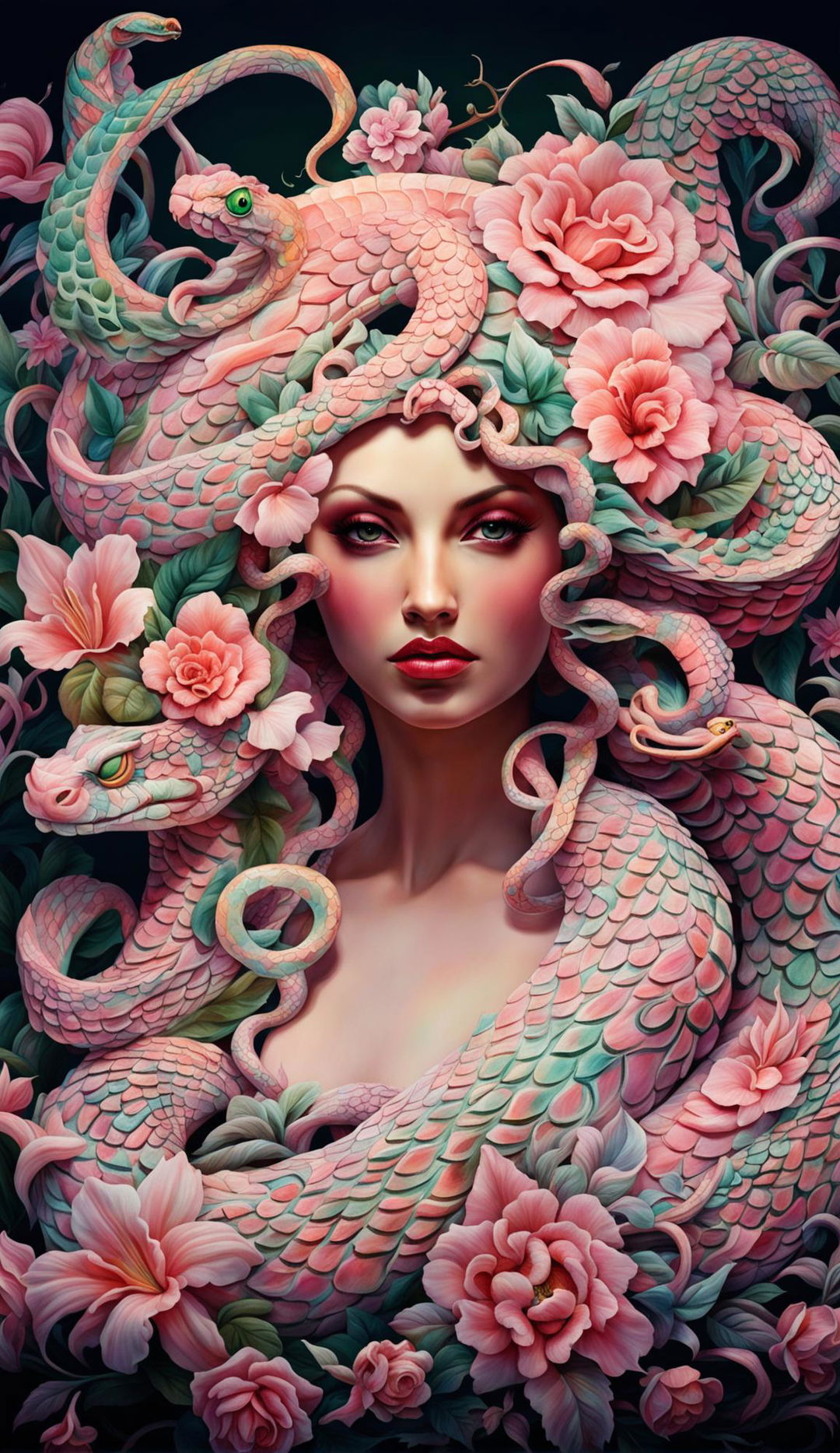 Exotic beauty Medusa in pastel Rococo-style with intricate floral background.