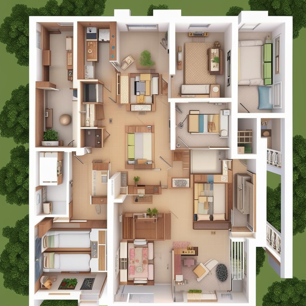 Detailed map of a house floor plan featuring a kitchen, three bedrooms, Puja room, bathroom, living space, and stairs.