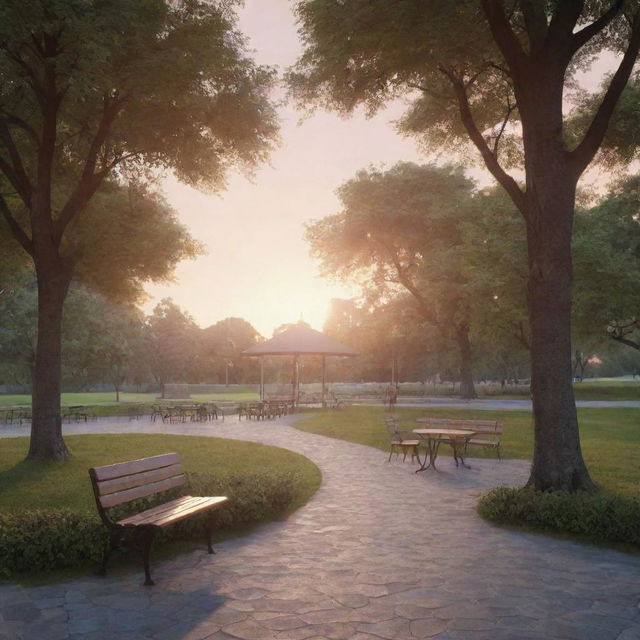 A 2D animation styled background depicting a serene and relaxed environment, such as a peaceful park with a beautiful sunset or a cozy little café humming with quiet conversations