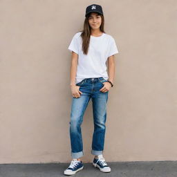 A confident young girl sporting a tomboy style. She's wearing a loosely fitted shirt, baggy jeans, a baseball cap and, accessorized with a cool skateboard.