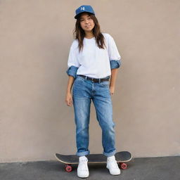 A confident young girl sporting a tomboy style. She's wearing a loosely fitted shirt, baggy jeans, a baseball cap and, accessorized with a cool skateboard.