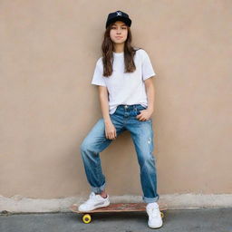 A confident young girl sporting a tomboy style. She's wearing a loosely fitted shirt, baggy jeans, a baseball cap and, accessorized with a cool skateboard.