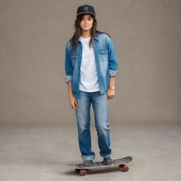 A confident young girl sporting a tomboy style. She's wearing a loosely fitted shirt, baggy jeans, a baseball cap and, accessorized with a cool skateboard.