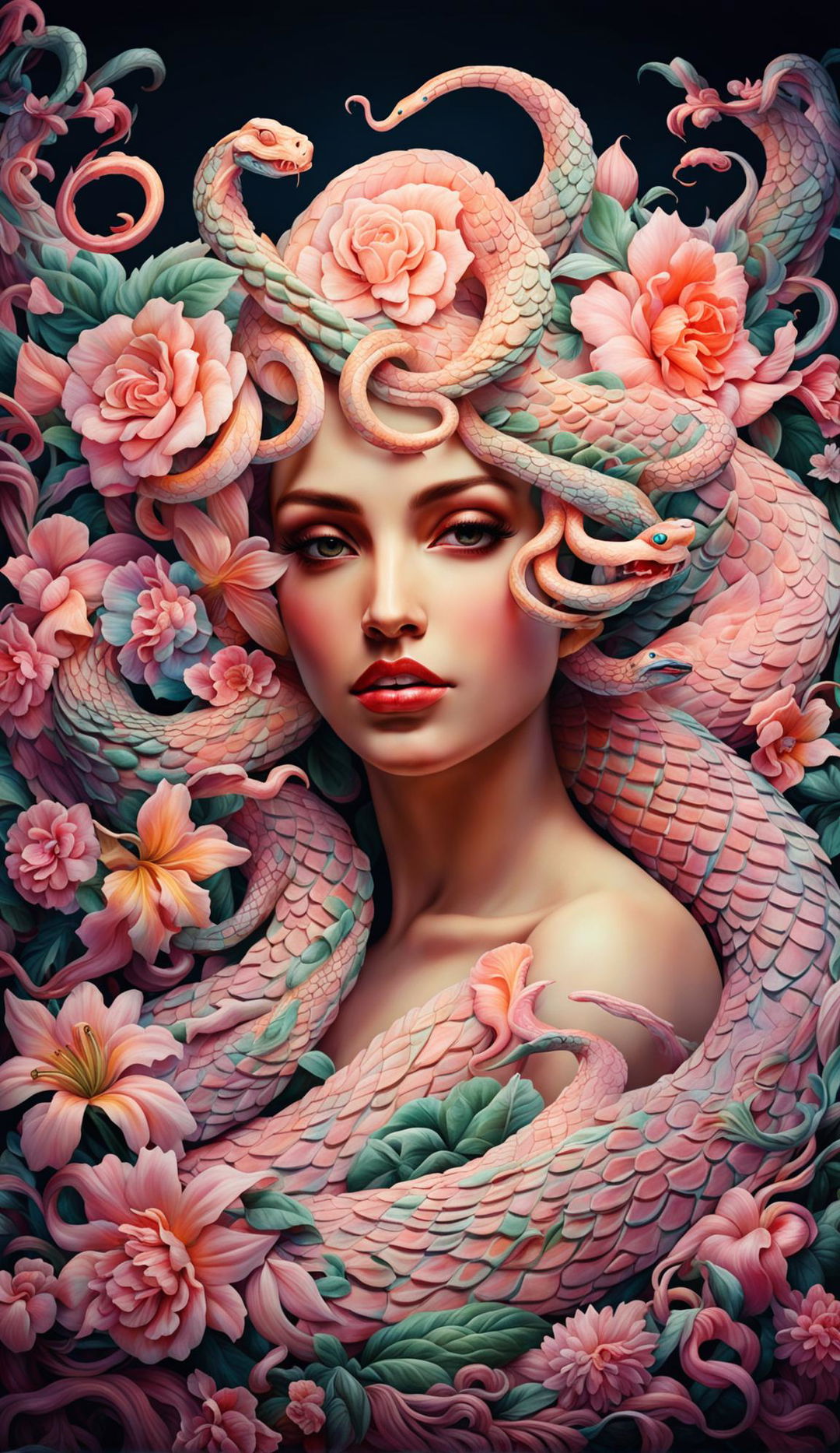 Exotic beauty Medusa with tanned skin in pastel Rococo-style with intricate floral background.