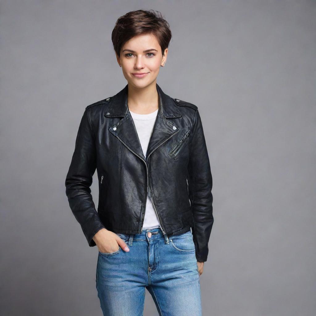 A cool and handsome young woman with short, stylish hair, a fashionable outfit including a leather jacket and jeans, and a confident smirk