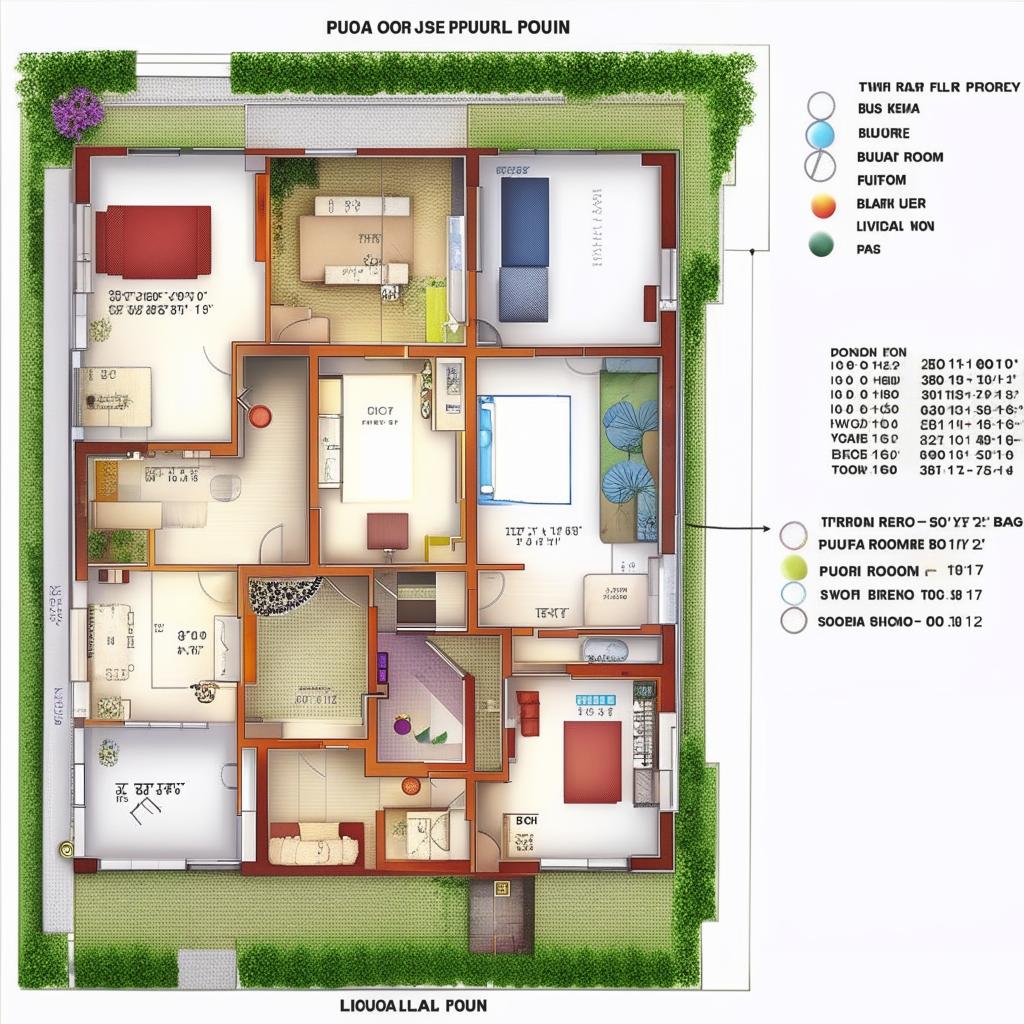 Detailed map of a house floor plan featuring a kitchen, three bedrooms, Puja room, bathroom, living space, and stairs.