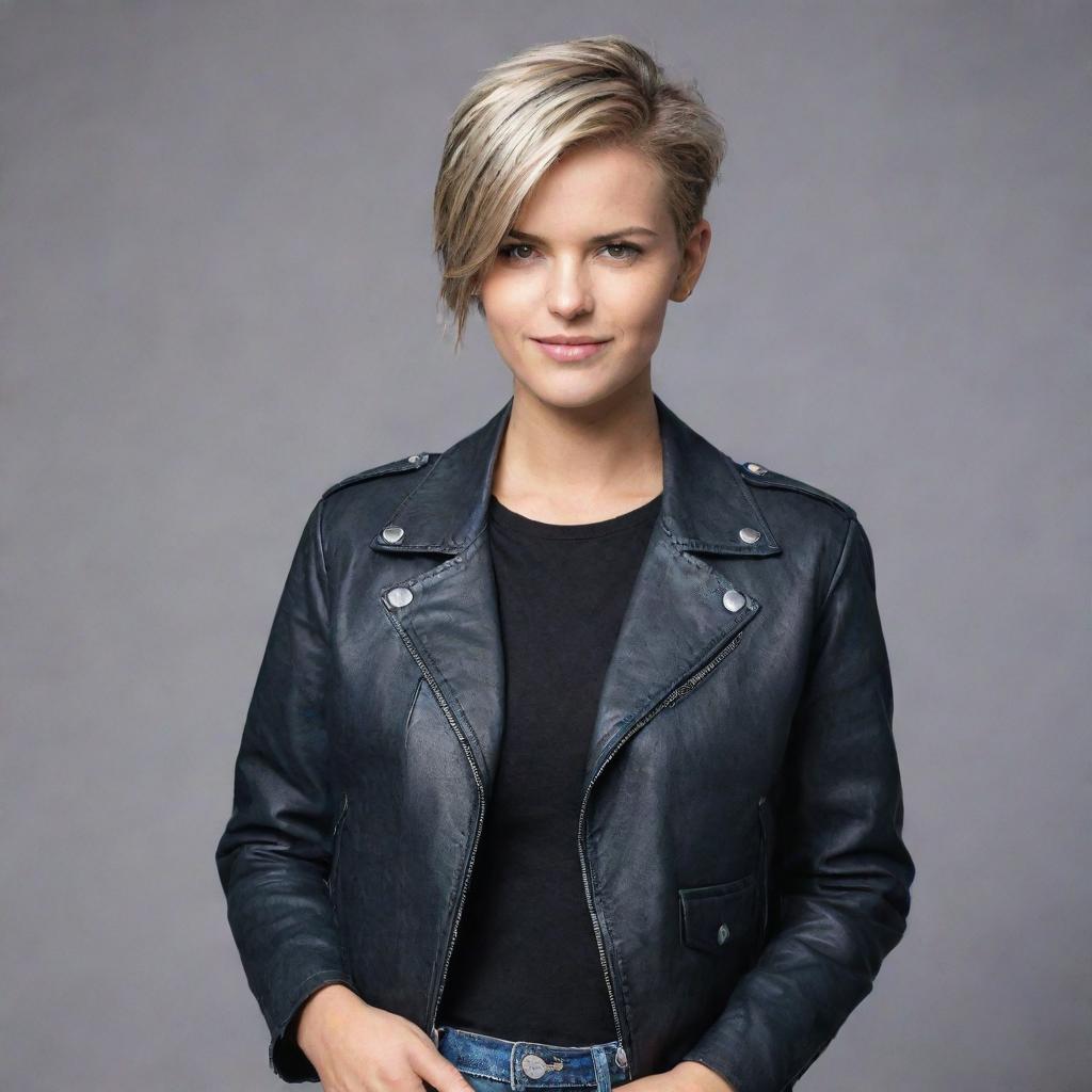 A cool and handsome young woman with short, stylish hair, a fashionable outfit including a leather jacket and jeans, and a confident smirk