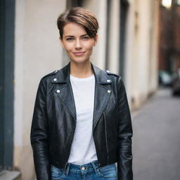 A cool and handsome young woman with short, stylish hair, a fashionable outfit including a leather jacket and jeans, and a confident smirk