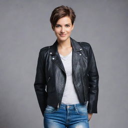 A cool and handsome young woman with short, stylish hair, a fashionable outfit including a leather jacket and jeans, and a confident smirk