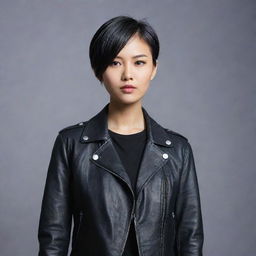 An Asian young woman with a cool and edgy style. She has a sleek, short haircut, wearing a fashionable leather jacket and dark jeans, exuding confidence through her strong gaze.