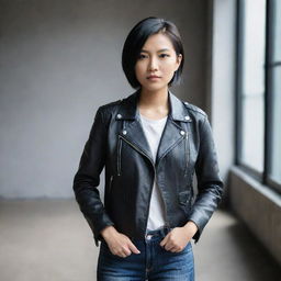 An Asian young woman with a cool and edgy style. She has a sleek, short haircut, wearing a fashionable leather jacket and dark jeans, exuding confidence through her strong gaze.