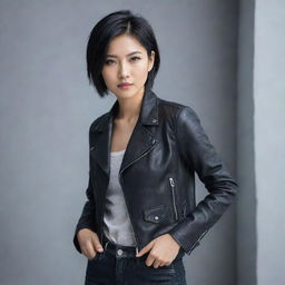 An Asian young woman with a cool and edgy style. She has a sleek, short haircut, wearing a fashionable leather jacket and dark jeans, exuding confidence through her strong gaze.