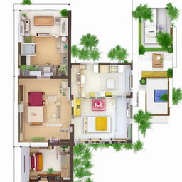 Detailed map of a house floor plan featuring a kitchen, three bedrooms, Puja room, bathroom, living space, and stairs.