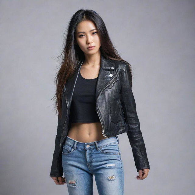 A cool and stylish Asian young woman with long, shiny hair cascading down her back. She's wearing a trendy outfit, possibly a leather jacket over a vintage band t-shirt and ripped jeans, her gaze is intense and confident.