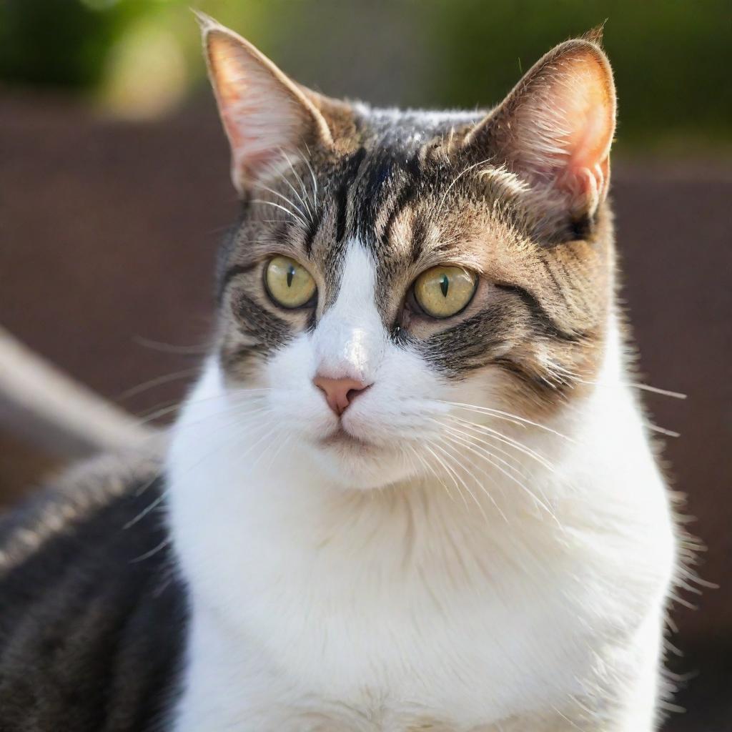 A sleek and handsome domestic cat, with a shiny coat, bright, intelligent eyes and a regal bearing, basking in the afternoon sunlight